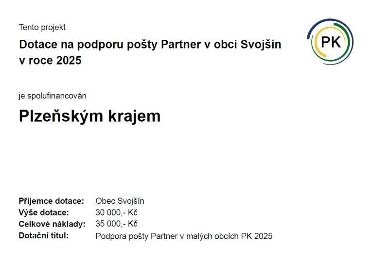 Obec Svojšín obdržela dotaci ve výši 30 000 Kč na projekt zaměřený na podporu pošty Partner. Tento projekt je spolufinancován Plzeňským krajem a jeho celkové náklady činí 35 000 Kč.