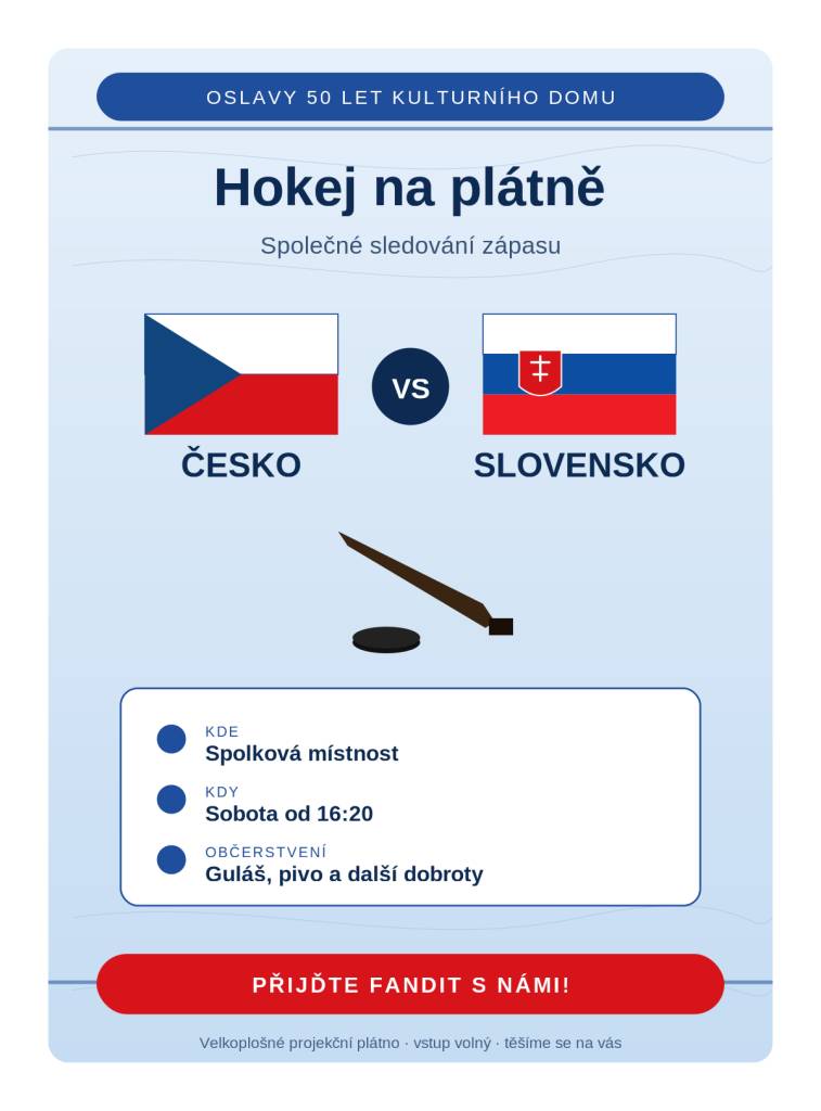 Máme pro Vás dobrou zprávu - při oslavách 50 let KD bude možné sledovat zápas ČR-Slovensko !
