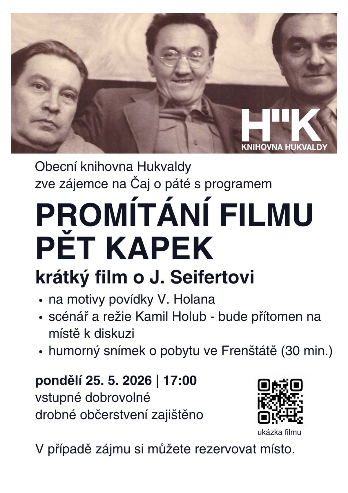 Obecní knihovna Hukvaldy zve na Čaj o páté s programem promítání filmu Pět kapek v pondělí 25. května od 17 hodi