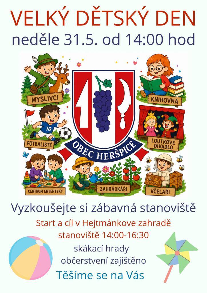 Přijďte si užít Velký dětský den, který se koná v Hejtmánkově zahradě 31.5.2026 od 14:00 do 16:30. Čekají na vás zábavná stanoviště a skákací hrady.