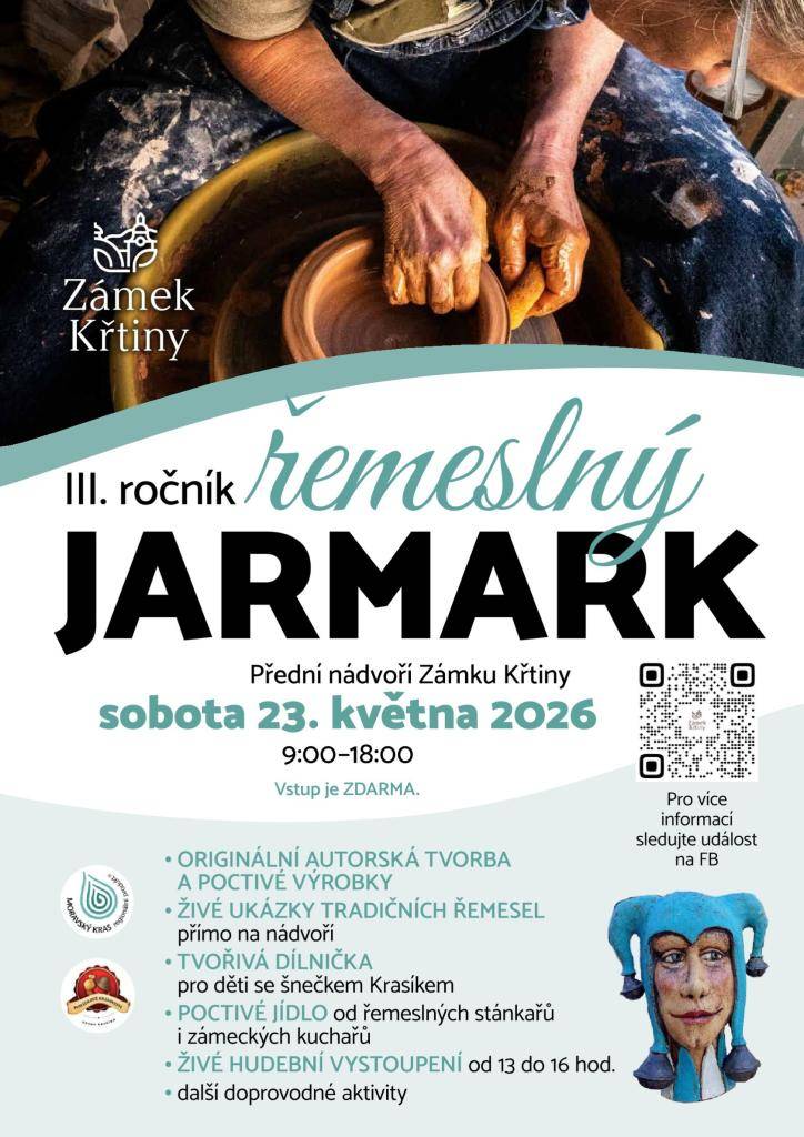 Zveme vás na II. ročník jarmarku, který se uskuteční na předním nádvoří Zámku Křtiny. Akce probíhá od 9:00 do 18:00 a nabídne širokou škálu stánků s řemeslnými výrobky i kulinářskými specialitami. Pro mladé návštěvníky je připraven program se šnečkem Krasíkem, který probíhá od 13 do 16 hodin.
