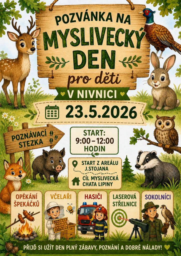 MS Šaranov zve všechny děti na Myslivecký den, který se uskuteční tuto sobotu 23.5.. Start je od 9:00 do 12:00 v areálu J. Stojana, cíl na Myslivecké chatě v Lipinách.  Můžete se těšit na setkání s včelaři, hasiči, sokolníky. Čeká na vás laserová střelnice i opékání špekáčků.