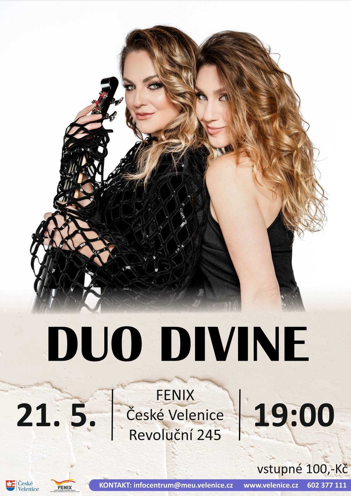 ✨ DUO DIVINE – hudební večer, který si nechceš nechat ujít! ✨  Přijďte si vychutnat jedinečný koncert dvou talentovaných hudebnic, které vás provedou večerem plným krásné hudby, emocí a výjimečné atmosféry. 🎶  📅 21. 5. 2026 🕖 19:00 📍 FENIX, České Velenice (Revoluční 245) 🎟️ vstupné 100 Kč  Těšíme se na Vás.