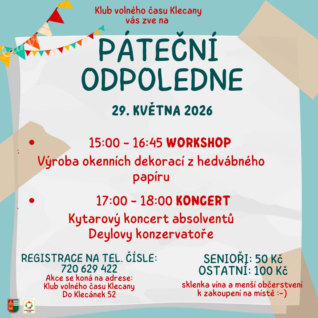 Zveme vás 29. 5. 2026 do Klubu volného času Klecany na další zajímavý program z cyklu "Páteční odpoledne". Tentokrát si od 15.00 do 16.45 hodin na workshopu vyrobíme okenní dekorace z hedvábného papíru a od 17.00 do 18.00 hodin proběhne kytarový koncert absolventů Deylovy konzervatoře. Vstupné pro seniory 50 Kč, pro ostatní 100 Kč. Registrace na telefonním čísle: 720 629 422.