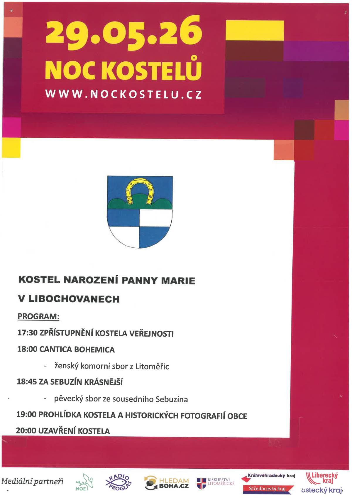 Noc kostelů se koná dne 29. 5. 2026. Zpřístupnění kostela veřejnosti je v 17:30 hodin.