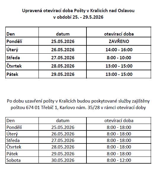 Pondělí   25.5.2026   ZAVŘENO  Úterý     26.5.2026 - 14:00 - 16:00 hod.  Středa    27.5.2026 -  8:00 - 10:00 hod.  Čtvrtek   28.5.2026 - 13:00 - 15:00 hod.  Pátek     29.5.2026 - 13:00 - 15:00 hod.