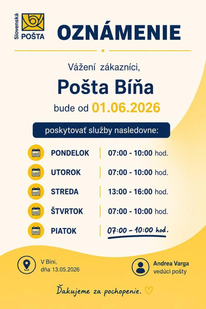Pošta Bíňa - Zmena otváracích hodí