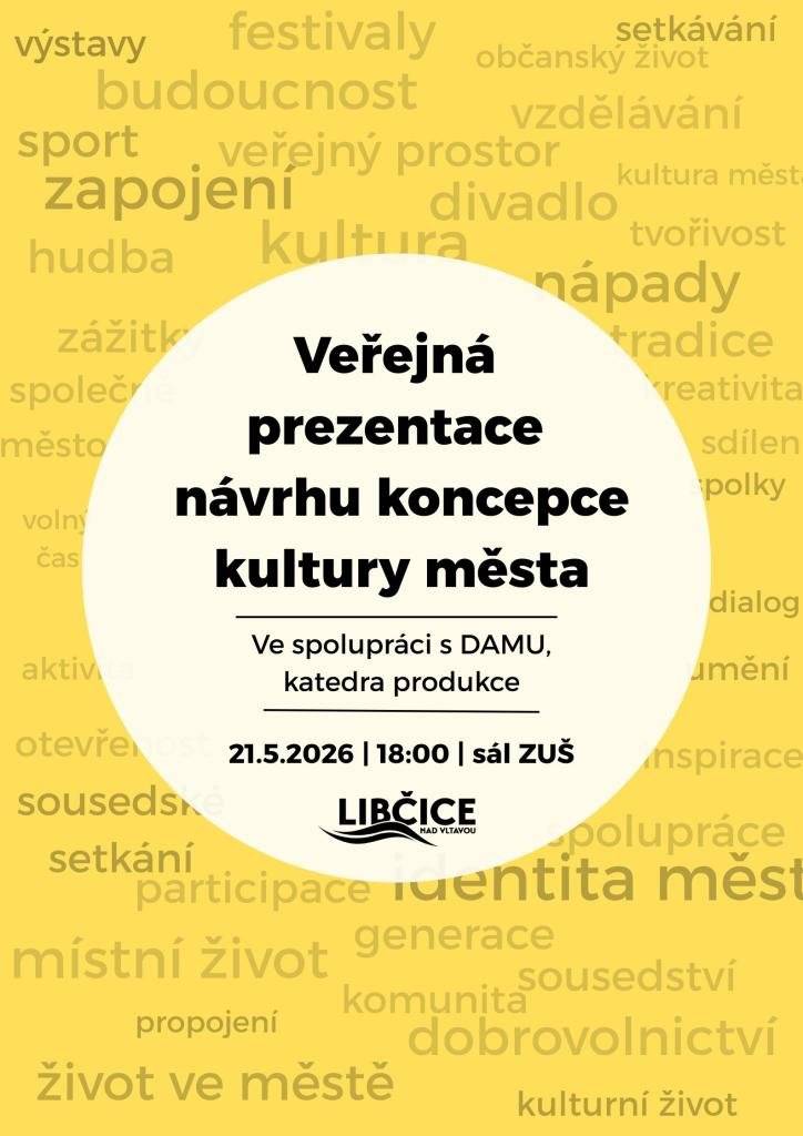 Čtvrtek 21. května Přijďte diskutovat o možné kulturní budoucnosti našeho města. Svou koncepci představí studenti DAMU z katedry produkce ve čtvrtek 21.5. v sálu ZUŠ ve 18:00. Plovárna Libčice nad Vltavou zve  21. května od 19:00 na další večer s chytrým kvízem. Pátek 22. května + sobota 23. května  Libčický občanský spolek LOS tento víkend promítá filmy v Kině Kotelna. V pátek 22. května uvede od 18:00 animovaný dobrodružný muzikál pro nejmenší Netopýrek Nik. Od 20:00 následuje Drobná nehoda - vítězný film z festivalu v Cannes. V sobotu od 20:00 uvede ukrajinskou sci-fi komedii z vesmírných dálav Ty jsi vesmír. Sobota 23. května V sobotu 23. května se na náplavce pořádá Unity Rage - nový denní open air se vstupem zdarma. Akce začíná v 13:00 a potrvá do 21:45. Mimo hudebního programu účastníkům akce také nabídne doprovodný program a bohatý výběr stánků s jídlem a nápoji.    Zveme příznivce country muziky na Libčický Country Majáles 2026, v sobotu 23. května 2026 od 14:00 v areálu Plovárny Libčice nad Vltavou. Vystoupí:  Kovošrot Rumtorádi Chvatěrubské brnkačky Randal Band Máslovické drnkačky Kamarádi Staré řeky Záchvat upřímnosti Proradost    Úterý 26. května Galerie Uhelný mlýn zve seniory a další milovníky umění – včetně úplných laiků – na pravidelná výtvarná setkání. Začíná se v 10:00.