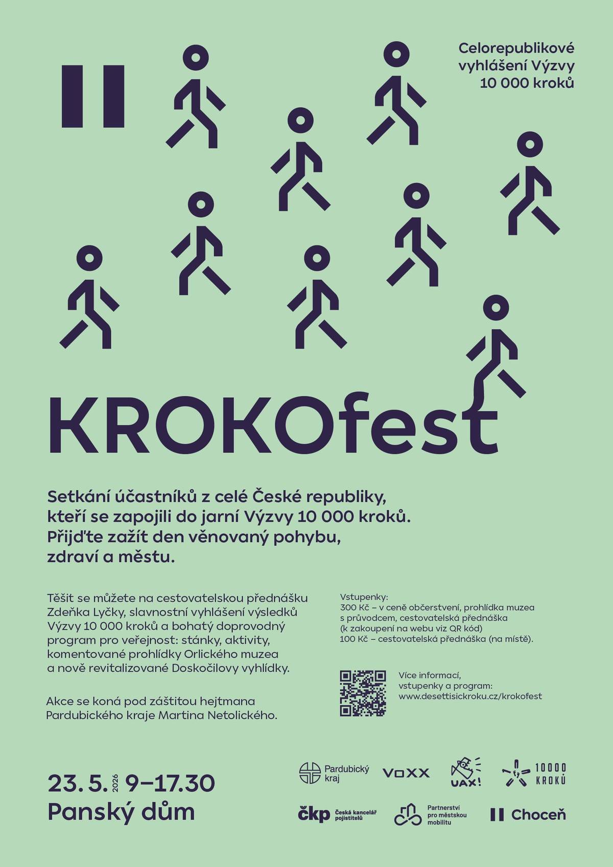 Tuto sobotu 23. 5. od 9:00–17:30 pořádáme ve spolupráci se spolkem Partnerství pro městskou mobilitu a Pardubickým krajem na Panském domě festival KROKOfest, který je vyústěním celorepublikové Výzvy 10000 kroků.  Festival je určen zejména pro účastníky Výzvy ale širokou veřejnost zveme na přednášku diplomata a odborníka na severské státy PhDr. Ing. Zdeňka Lyčky. Ten nám přijede povyprávět o přechodu zamrzlého Bajkalu, který kdysi přešli i čs. legionáři. Přednáška se koná od 13:00 hod. na Panák Baru a stojí 100,- Kč. Pokud jste účastníkem Výzvy 10000 kroků, můžete si zakoupit vstupenku v KROKOshopu za 300,- Kč (děti do 6 let zdarma), zde: https://portal.desettisickroku.cz/login. V její ceně je: účast na programu (návštěva muzea s odborným výkladem, komentovaná vycházka k Doskočilově vyhlídce aj.) a občerstvení. Součástí je i doprovodný program. Vrcholem festivalu bude pak slavnostní vyhlášení Výzvy 10000 kroků.