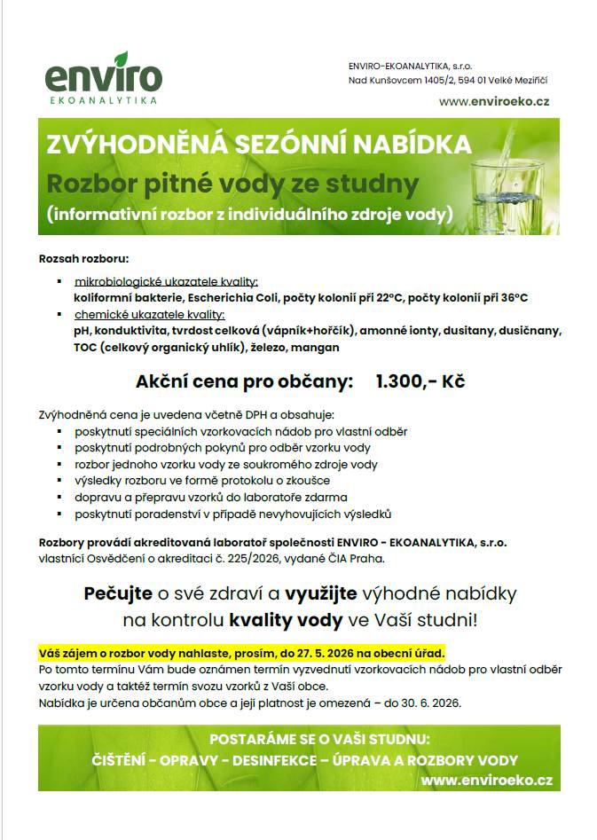 Váš zájem o rozbor vody nahlaste, prosím, do 27. 5. 2026 na obecní úřad, podrobnosti v příloze.