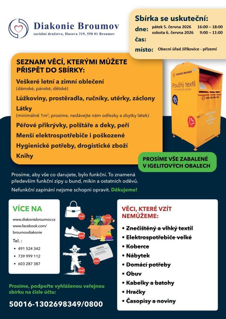 Obec Jiříkovice ve spolupráci s Diakonií Broumov pořádá sbírku textilu a drobných potřeb.