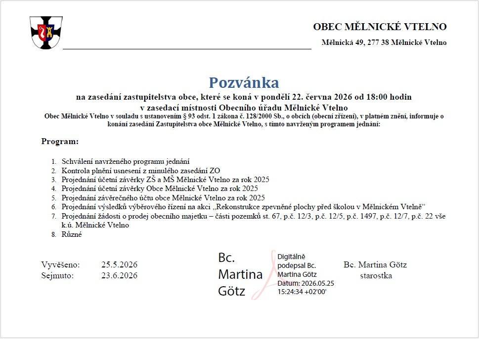 Pozvánka na zasedání zastupitelstva obce Mělnické Vtelno, které se koná dne 22.6.2026.