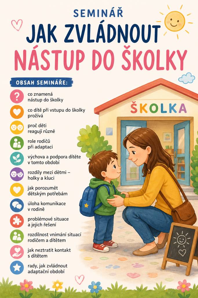 MC Škvoreček pořádá interaktivní seminář "Jak zvládnout nástup do školky", který se koná 27. 5. 2026 od 18:00 - 20:00 v MC Škvoreček. Účast je možná také on-line.  Přihlašování na: andrea@leccos.cz