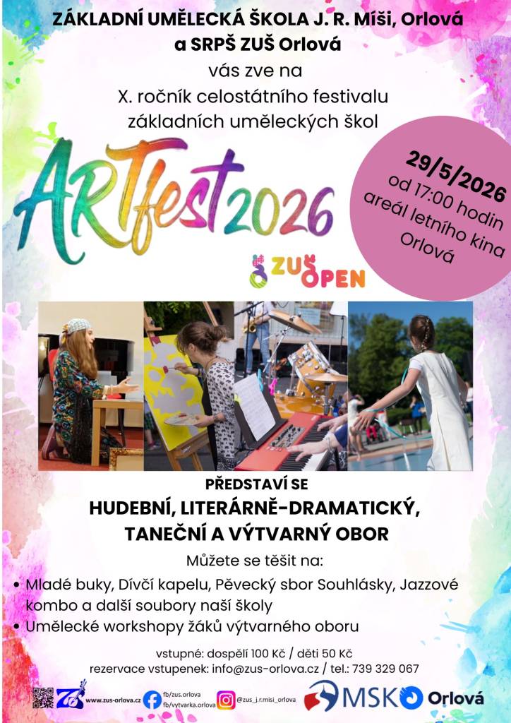 Základní umělecká škola J. R. Míši v Orlové zve na desátý ročník celostátního festivalu základních uměleckých škol. Akce s názvem Artfest 2026 proběhne v pátek 29. května v Letňáku Orlová od 17 hodin. Představí se hudební, literárně-dramatický, taneční a výtvarný sbor. Vstupné je 100 korun, děti jsou za 50 korun a vstupenky si ...