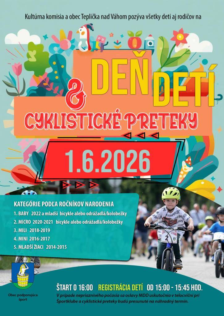 Komisia kultúry a spoločenských organizácií a obec Teplička nad Váhom pozývajú všetky deti aj rodičov na Deň detí & Cyklistické preteky, ktoré sa uskutočnia v pondelok 1. júna 2026 o 16:00 hod. pri Materskej škole v Tepličke nad Váhom. Registrácia detí bude od 15:00 do 15:45 hod.