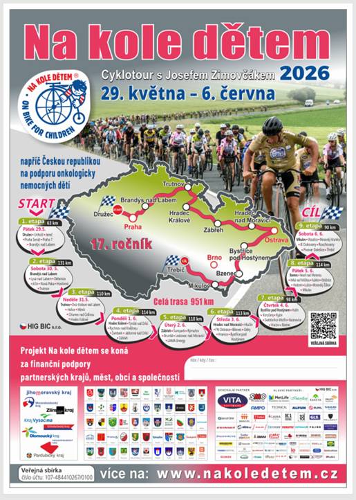 Ve čtvrtek 4. 6. 2026 - 15.15 – 15.45  se koná před OÚ Vacenovice zastávka cyklistického pelotonu.  Cílem akce je finanční pomoc onkologicky nemocným dětem.  Přijďte povzbudit závodníky a finančně přispět na dobrou věc.  Můžete se k cyklistům přidat. Čtvr. etapa končí ve Bzenci.
