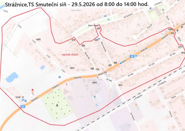 📅 29. 5. 2026 🕢 od 8:00 do 14:00 📍Luční, Žerotínská, Staroměstská, Skalická od Motorestu po č.p. 1550 a č.p. 130, Za Valy od Skalické po č.p. 1417 a č.p. 812 Důvod: údržbové a revizní práce na distribuční síti. Děkujeme za pochopení.