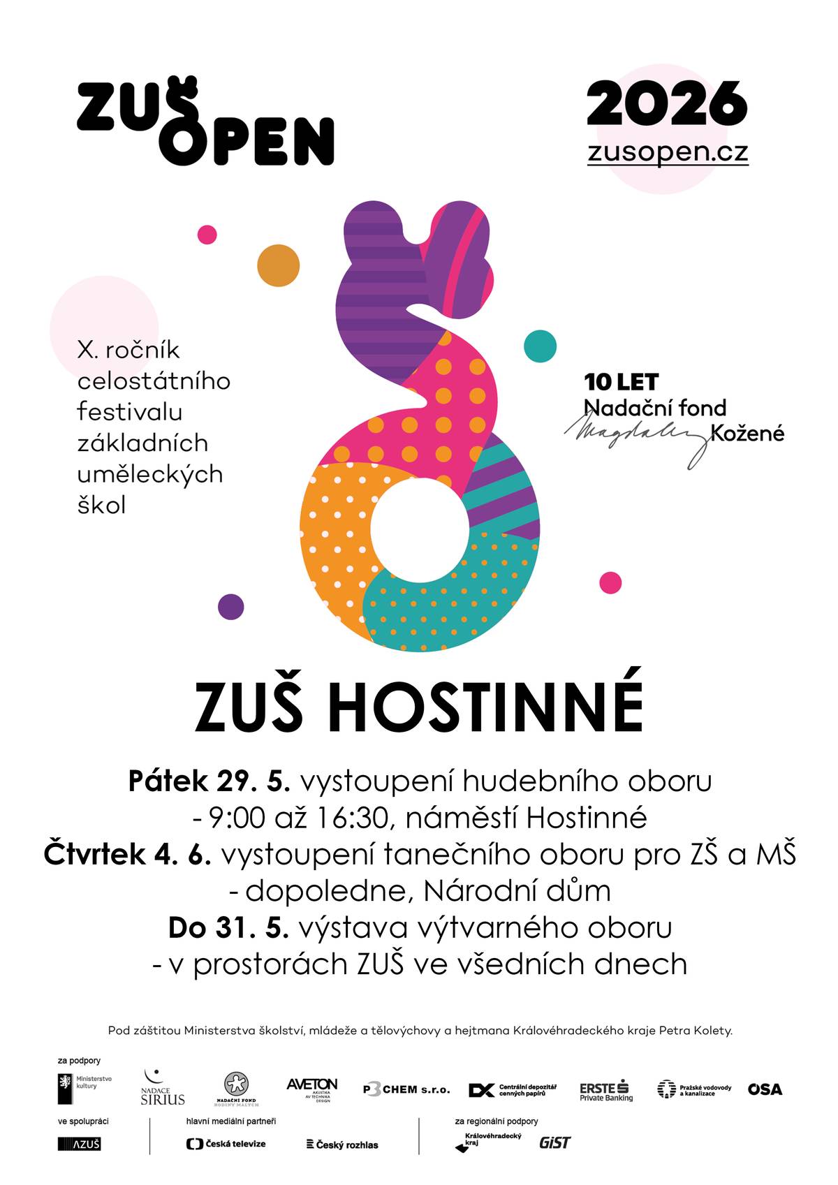 🎶Srdečně Vás zveme v rámci 10. ročníku celosvětového festivalu základních uměleckých škol na ZUŠ OPEN Hostinné.  🗓️pátek 29. května 2026 🕘9:00 -16:30  📌náměstí Hostinné  Těšit se můžete na vystoupení a prezentace talentovaných žáků Základní umělecké školy Hostinné. Tak přijďte je podpořit a užít si den plný hudby i příjemné atmosféry. ✨