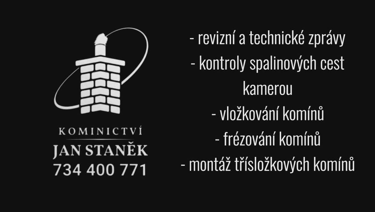 P. Staněk nabízí své služby kominíka, vč. revizí.  Informace v letáku.