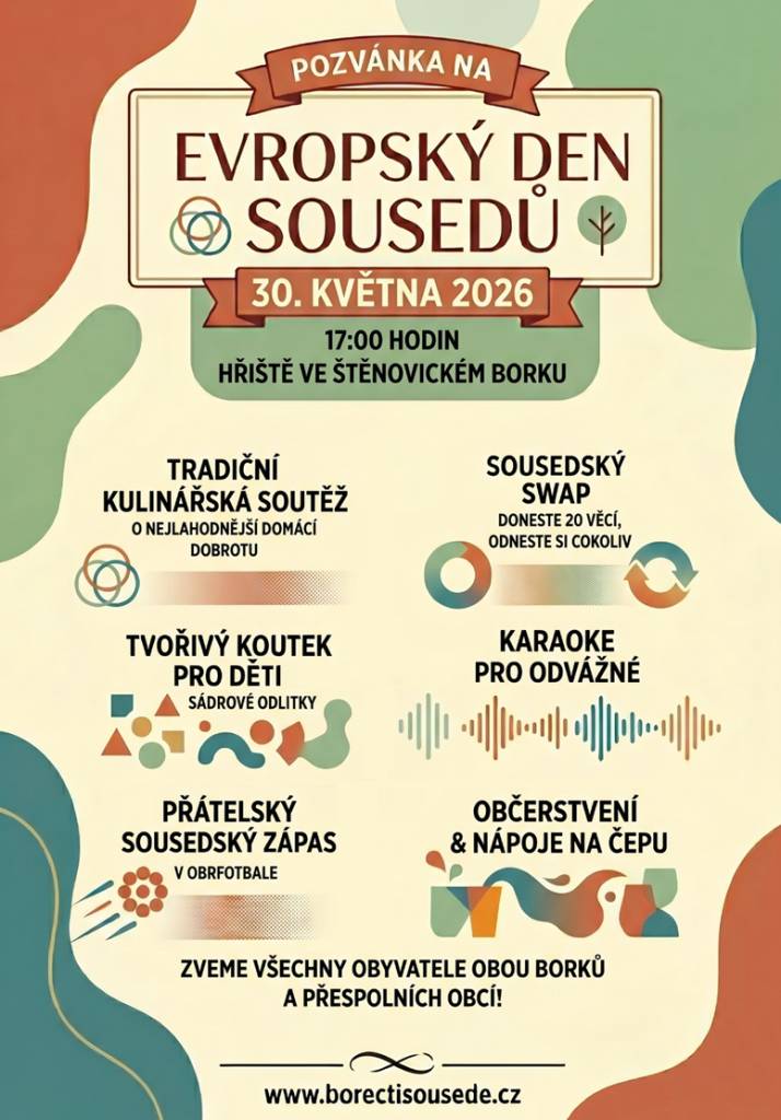 Evropský den sousedů se koná 30.5.2025 od 17:00 na hřišti. Bližší informace na propagačním letáku.