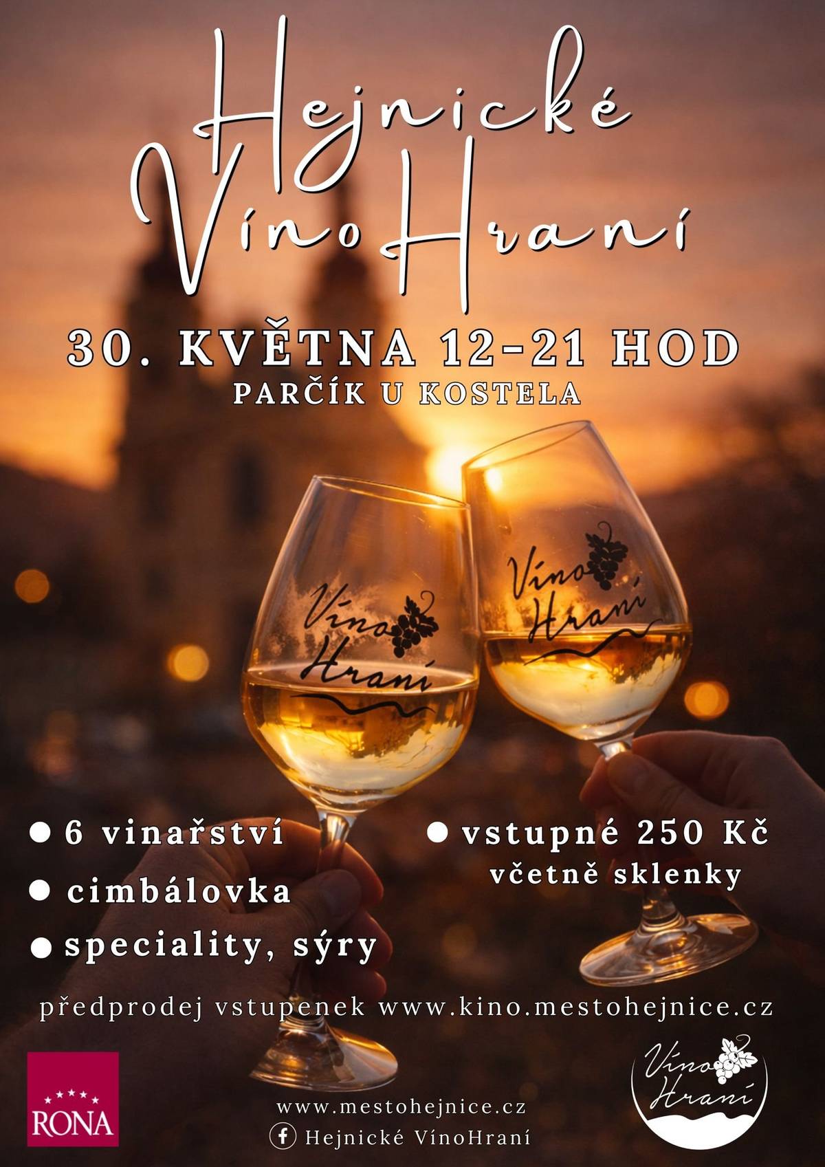 V sobotu 30. května od 12 do 21 hodiny se v parčíku před kostelem koná 2. ročník Hejnického VínoHraní.    O co se konkrétně jedná se můžete podívat v této videopozvánce.   Spojení dobrého vína a kvalitní muziky. Dorazí 7 vinařství a čeká vás také moravská cimbálovka Moruša. K zakousnutí bude i spousta dobrot.     Vstupenky můžete pořídit již nyní v předprodeji na webu https://www.kino.mestohejnice.cz/film/33003   Více na Hejnické VínoHraní 2026