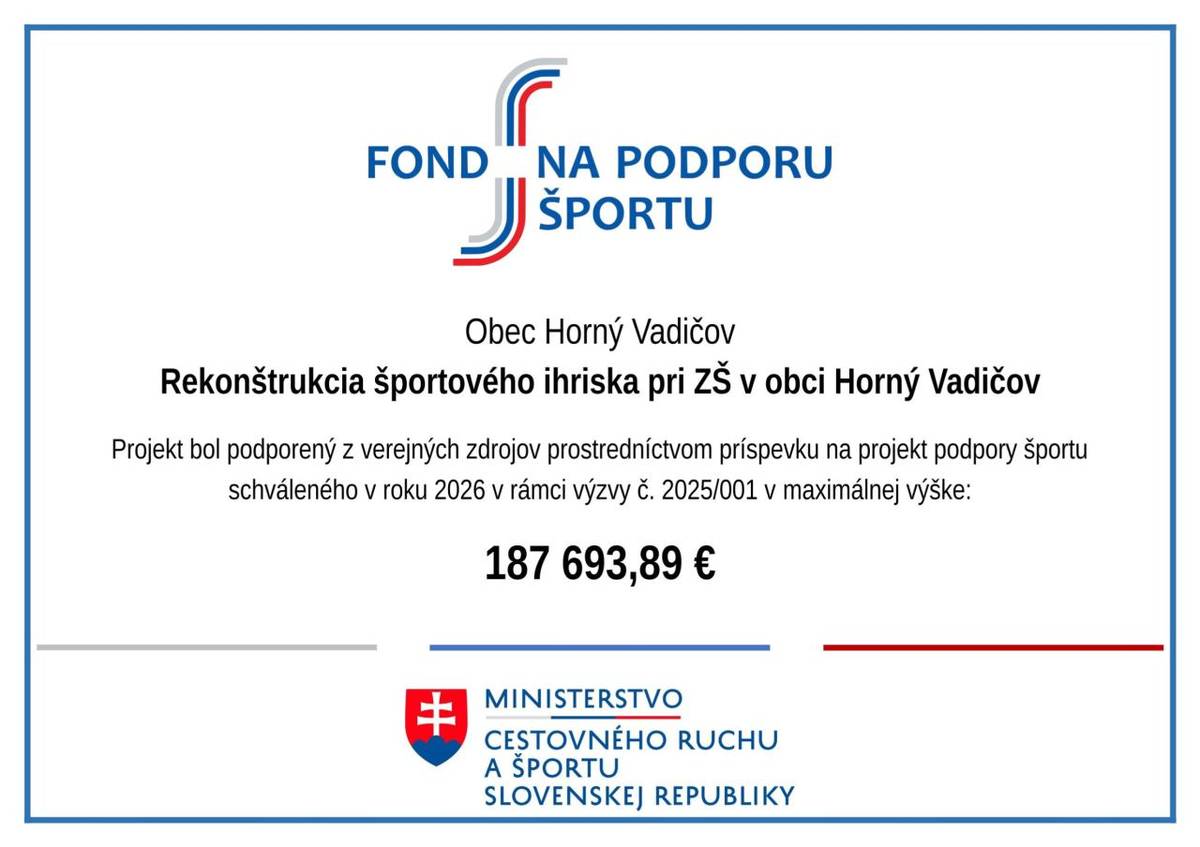 Informácia:  Zmluva o príspevku na projekt podpory športu  č. Z-2025/001-482.  Projekt z verejných zdrojov podporil Fond na podporu športu.