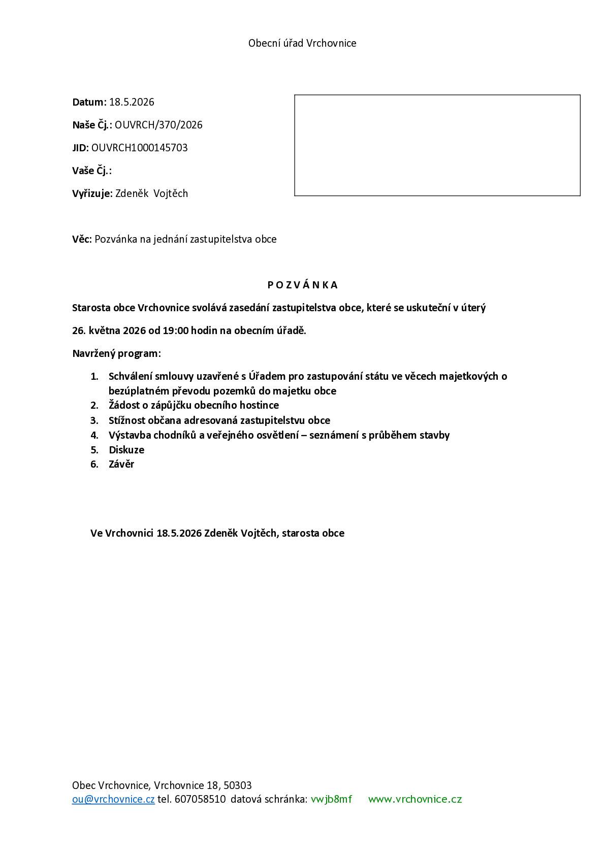 Pozvánka na jednání zastupitelstva konané dne 26.5.2026