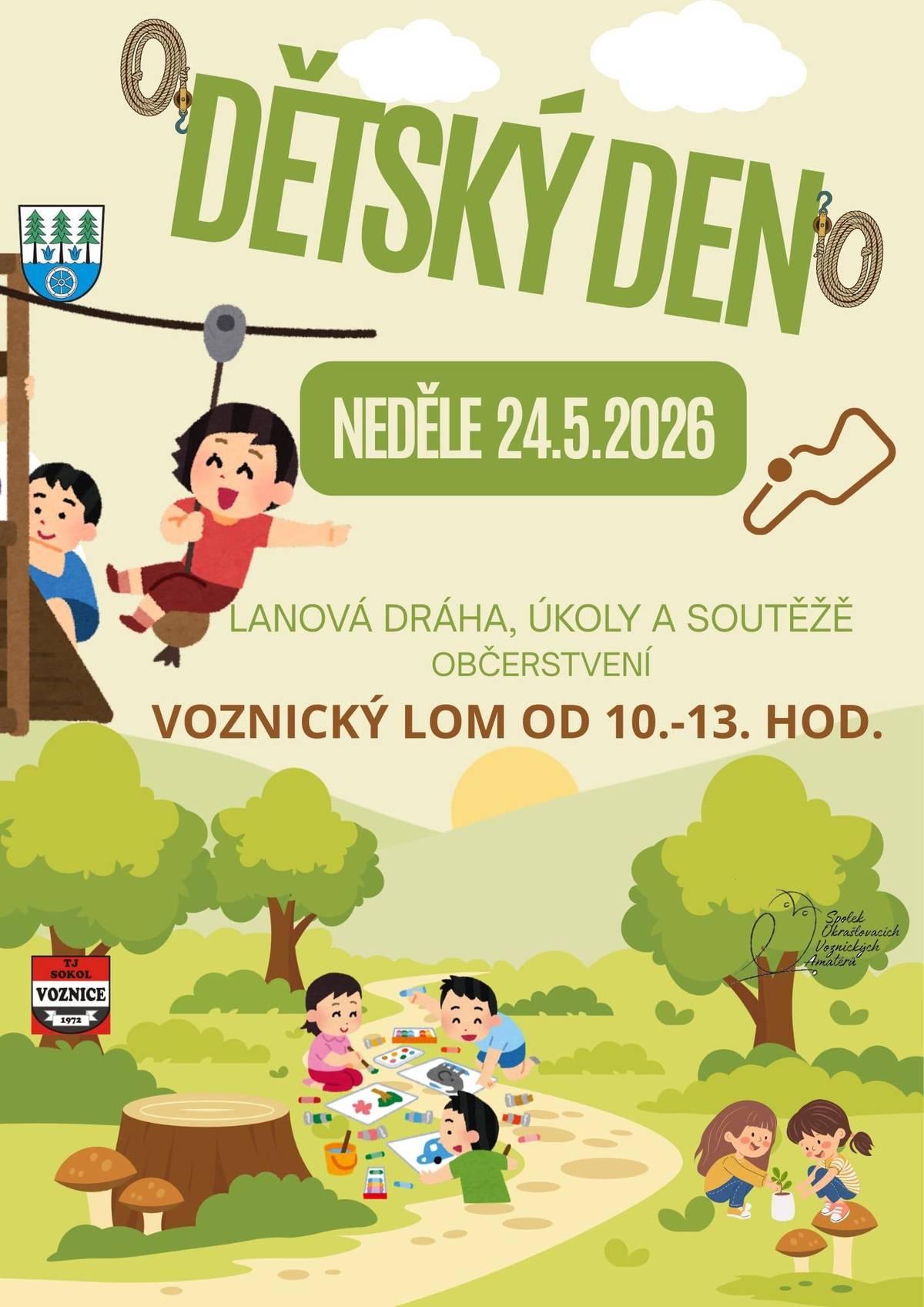 Srdečně Vás zveme v neděli 24.5.2026 od 10 - 13 hod. do Lomu na Dětský den, čeká Vás lanová dráha, soutěže, drobne občerstveni. Z bezpečnostních důvodů bude v době konání akce uzavřena lesní cesta do lomu, oboustranně. Těšíme se na Vás 🙂