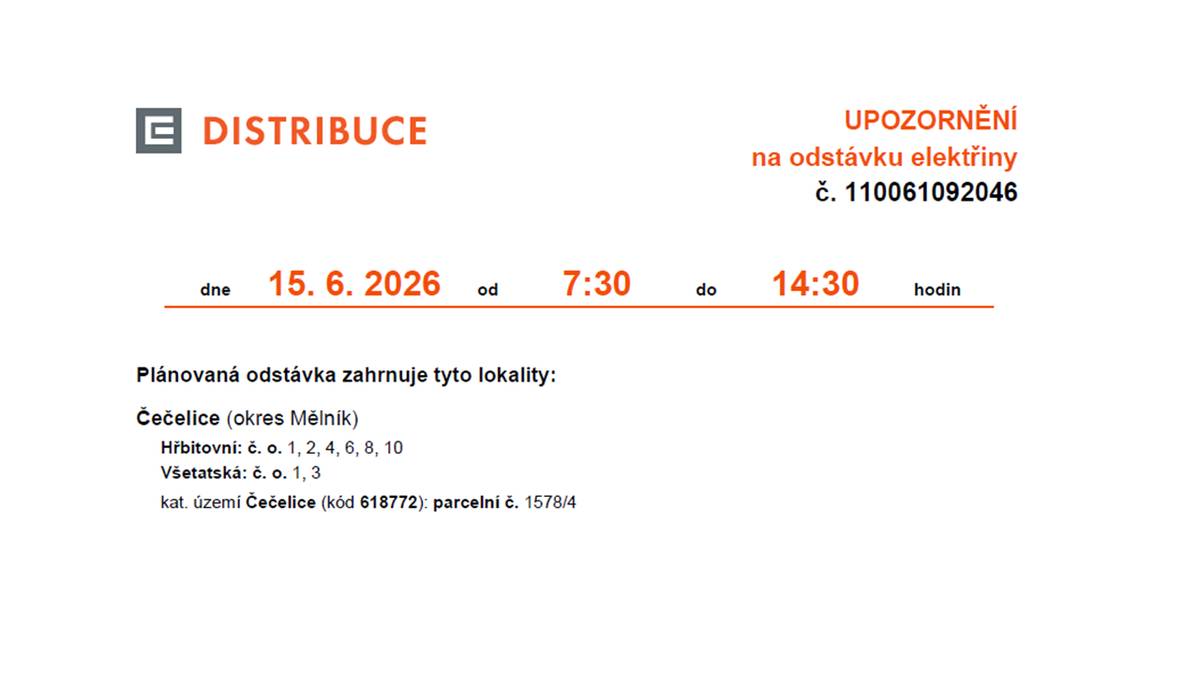 ODSTÁVKA ELEKTŘINY 15.6.2026 HŘBITOVNÍ a VŠETATSKÁ 7:30-14:30