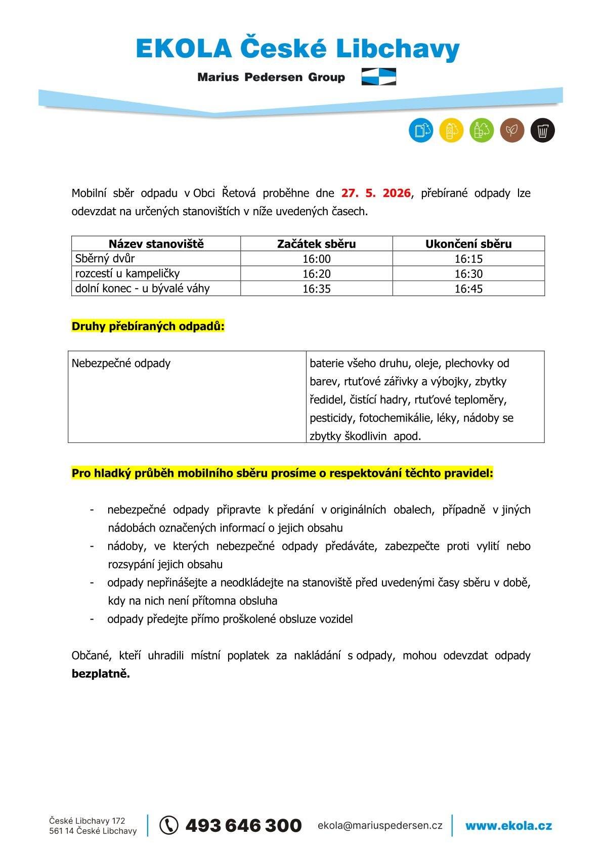 Ve středu 27. 5. 2026 proběhne v obci mobilní sběr nebezpečného odpadu.  V pátek 29. 5. 2026 od 13:00 hod. do 31. 5. 2026 do 20:00 hod. bude uzavřena silnice na Andrlův chlum z důvodu konání "Ústecká 21."