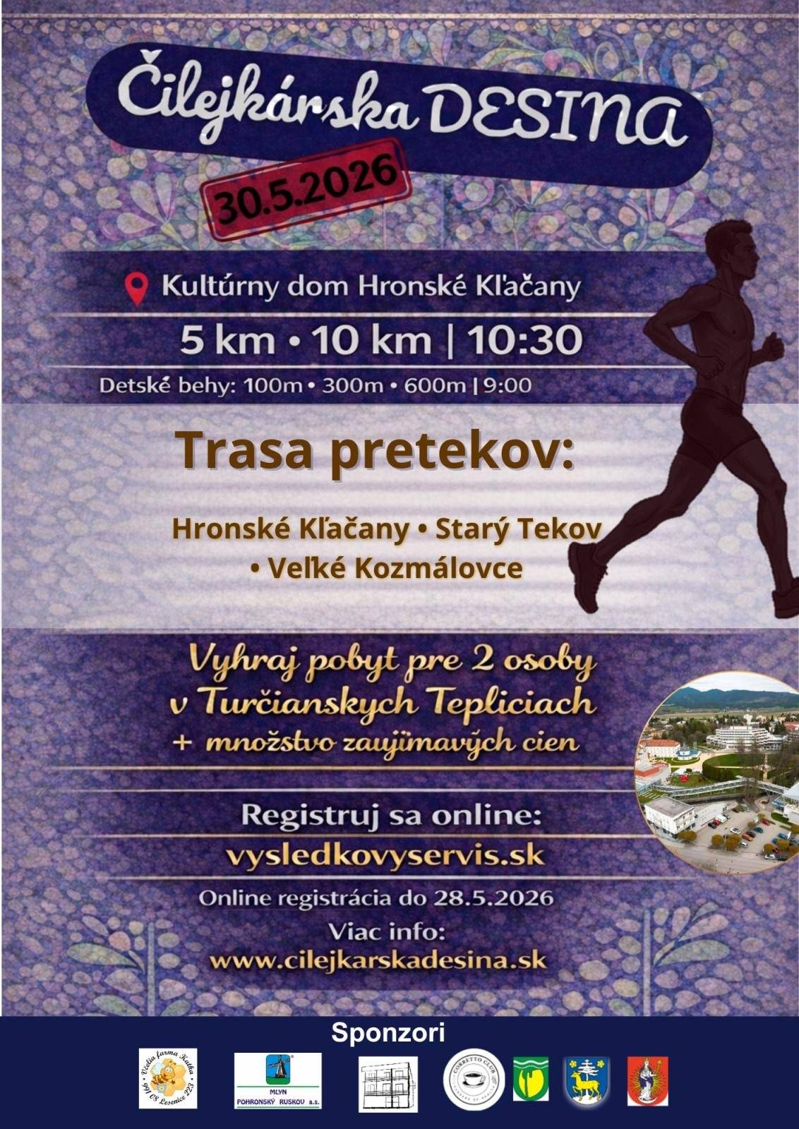 Vážení občania, pozývame Vás na športové podujatie Čilejkárska Desina, ktoré sa bude konať v sobotu 30. mája 2026. Príďte si zašportovať, podporiť bežcov, povzbudiť svojich favoritov a užiť si deň plný športu a dobrej nálady. Štart podujatia bude vedľa kultúrneho domu v Hronských Kľačanoch. Preteky sa začínajú o 9,00 hod. detskými behmi, registrácia bude možná od 8,00 hod. Následne o 10,30 hod. bude pokračovať štart hlavných behov na 5 a 10 kilometrov. Viac informácií najdete na facebookovej stránke Čilejkárska Desina alebo na webe cilejkarskadesina.sk. Tešíme sa na Vás!