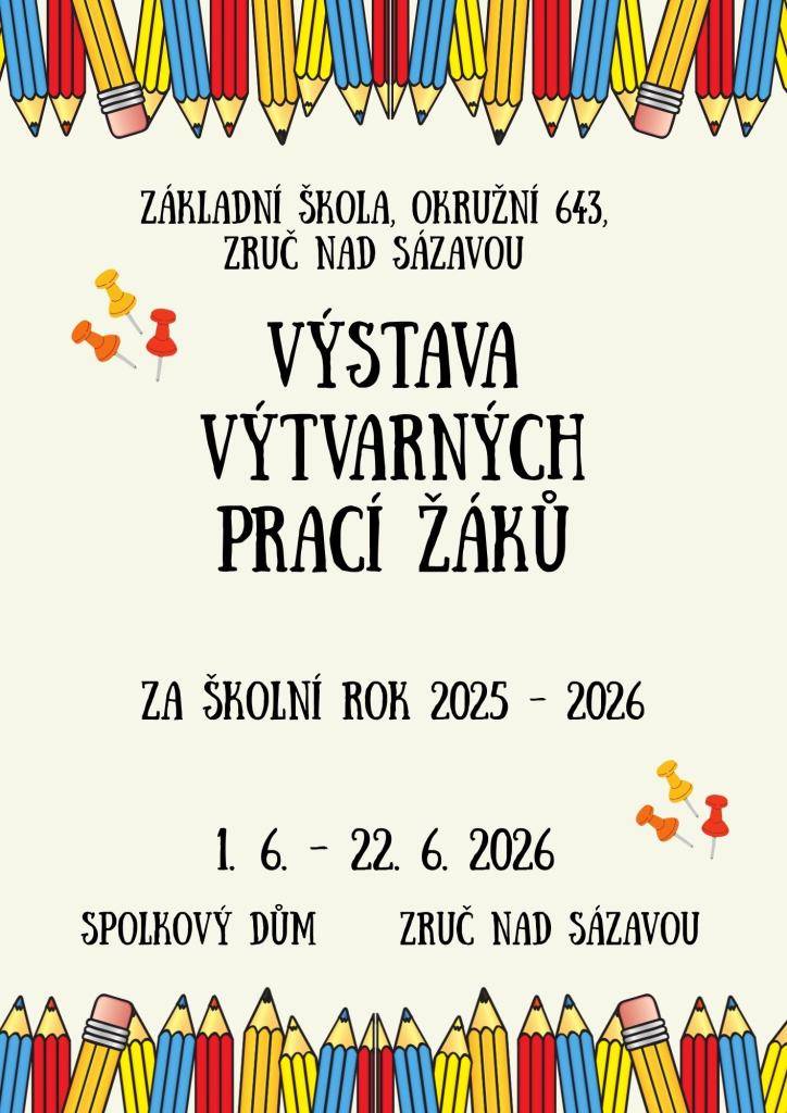 Srdečně vás zveme na výstavu výtvarných prací žáků ze ZŠ Okružní, kterou můžete od 1. 6. do 22. 6. navštívit ve Spolkovém domě. Těšíme se na vás.