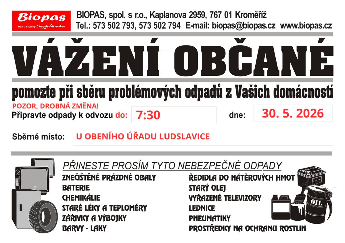 Pravidelný svoz nebezpečného odpadu v obci. Odpad můžete shromažďovat před OÚ již v pátek v odpoledních hodinách.
