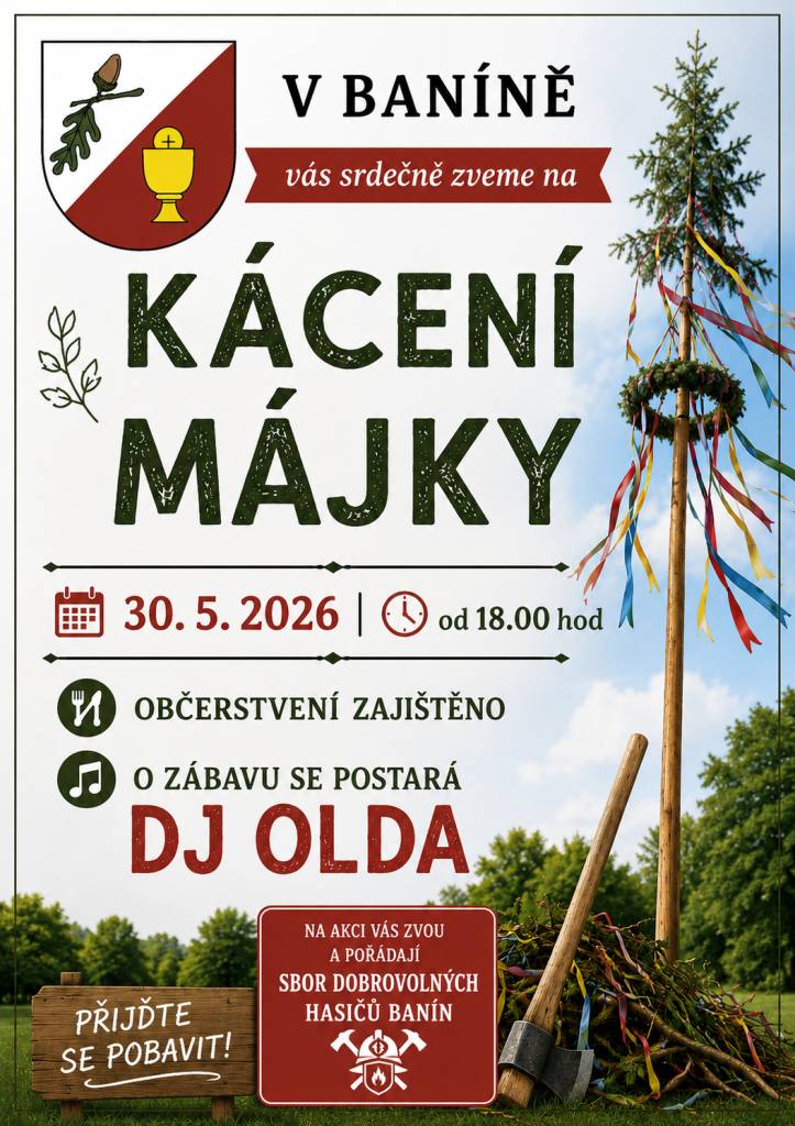 Přijďte se pobavit na zábavný večer v Baníně, který se koná 30. května 2026 od 18.00 hodin. O zábavu se postará DJ Olda a občerstvení bude zajištěno pro všechny účastníky.