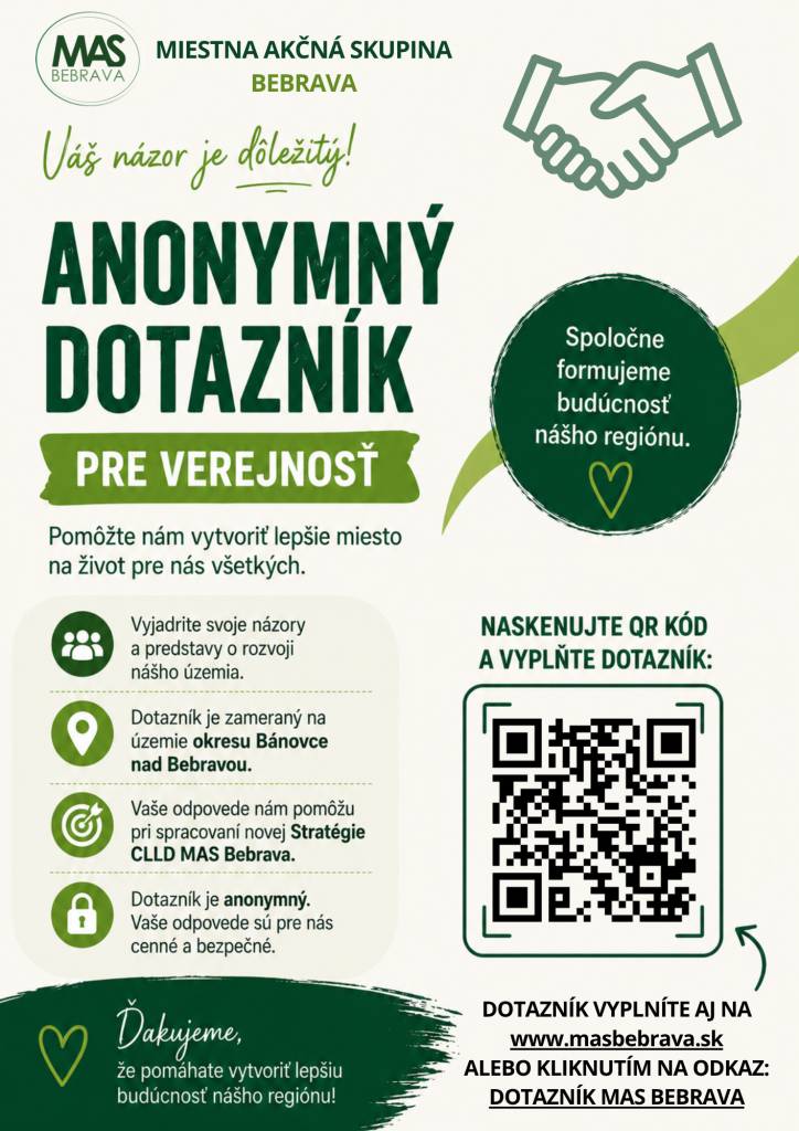 Pomôžte nám vytvoriť lepšie miesto na život pre nás všetkých - naskenujte QR kód a vyplňte dotazník,dotazník vyplníte aj na www.masbebrava.sk alebo kliknutím na odkaz, ktorý nájdete v priloženom letáku.
