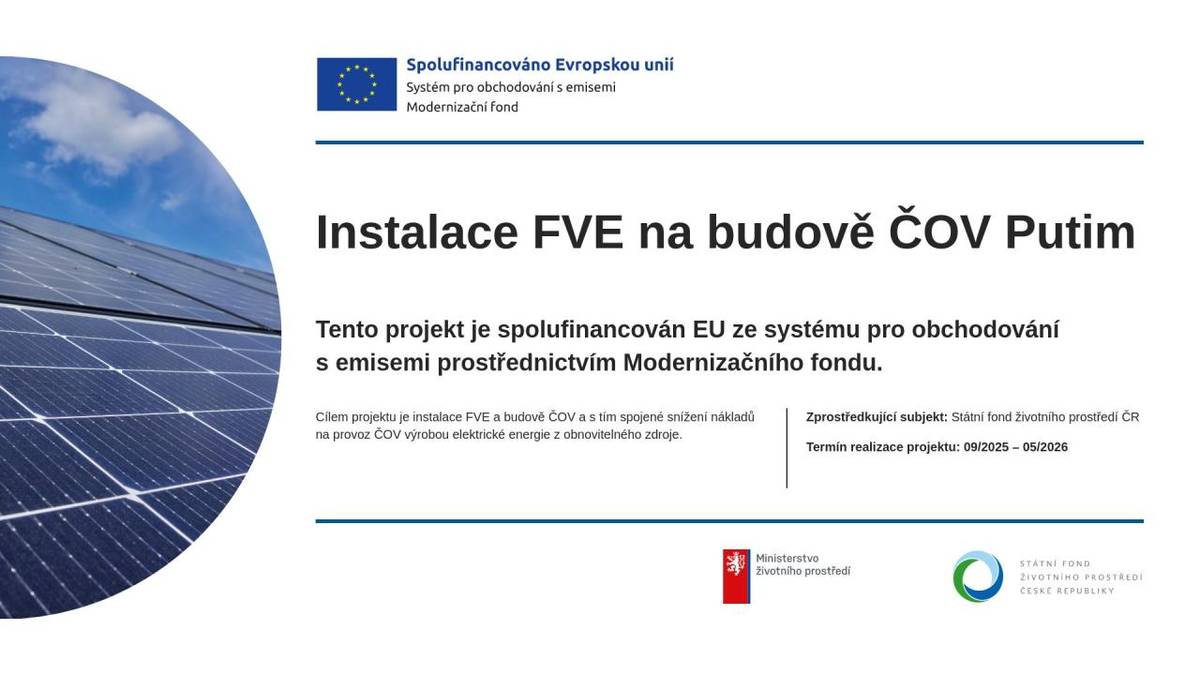 Instalace FVE na budově ČOV Putim, tento projekt je spolufinancován EU ze systému pro obchodování s emisemi prostřednictvím Modernizačního fondu.