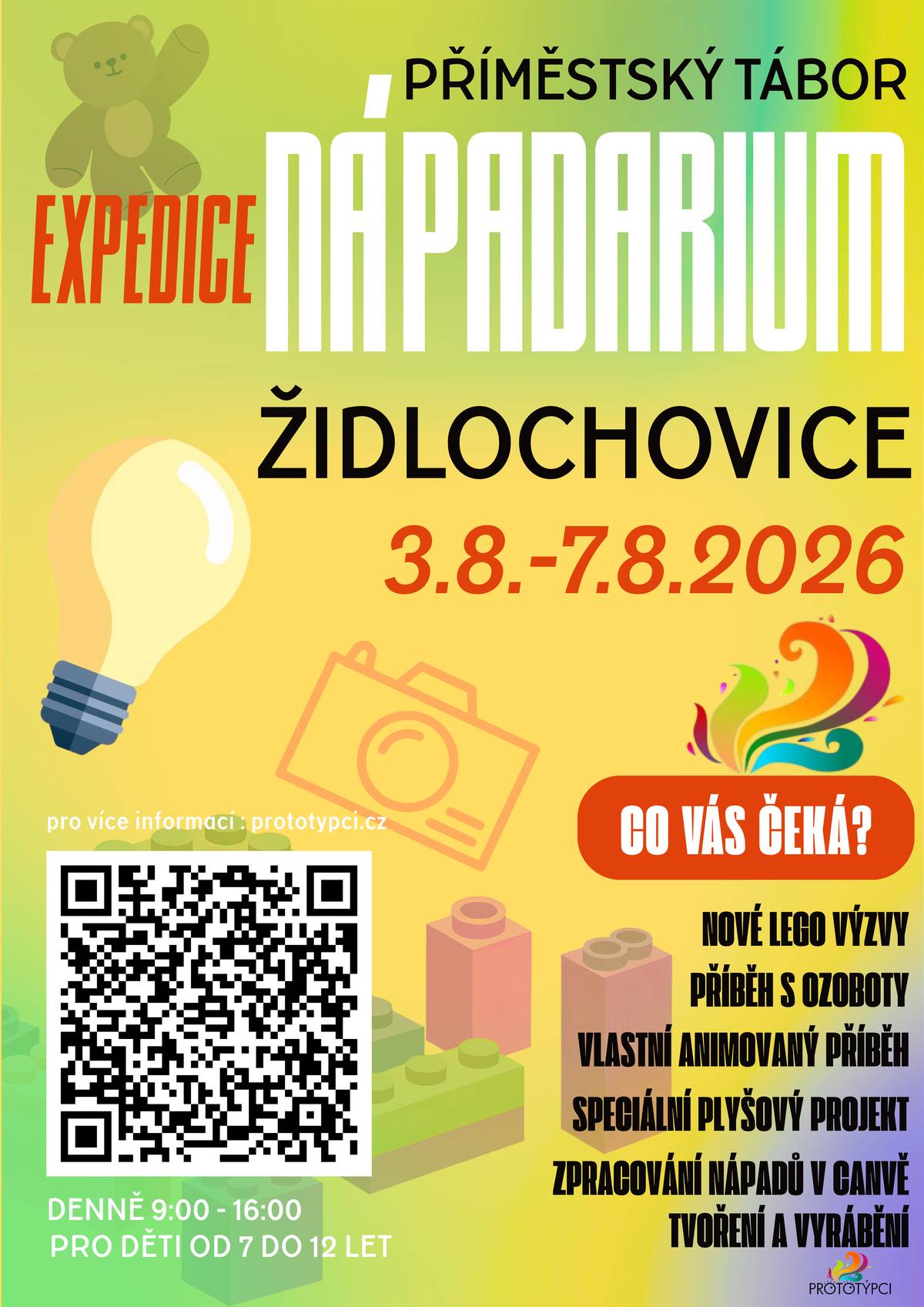 Příměstský tábor Expedice Nápadarium má svou premiéru. Týden zaměřený na tvoření, vyrábění, nápady a praktické dovednosti, kde si děti vyzkouší LEGO výzvy, práci s ozoboty, vytvoří vlastní animovaný příběh a naučí se, jak své nápady zpracovat a prezentovat. Bude to super čas ve kterém budeme tvořit a hrát hry. Každý den kombinuje zábavu, spolupráci a skutečné tvoření – děti nebudou jen „koukat“, ale aktivně tvořit a přemýšlet. Rajhradice: 27.–31.7.2026 Židlochovice: 3.–7.8.2026 denně 9:00–16:00 pro děti 7–12 let Počet míst je omezený. Více informací a přihlášky: prototypci.cz
