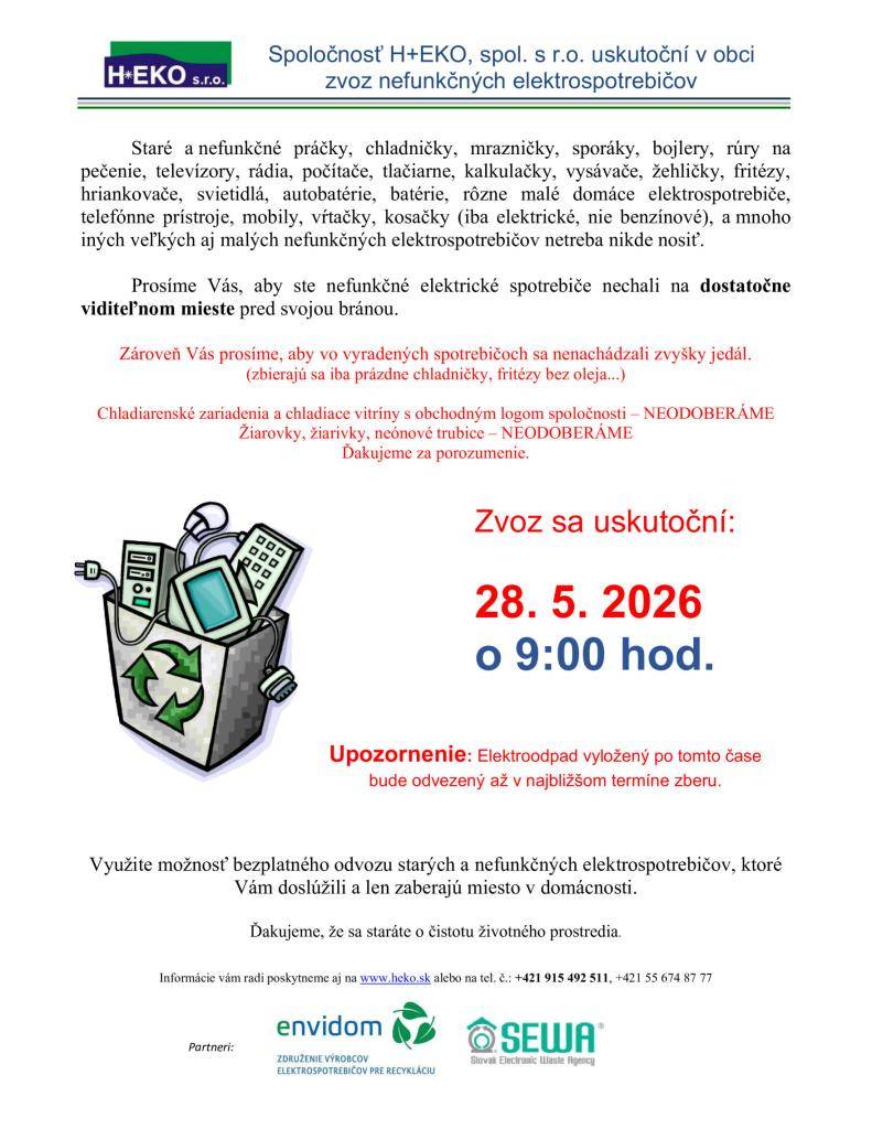 ZVOZ ELEKTROODPADU 28. 5. 2026 o 9:00 hod.