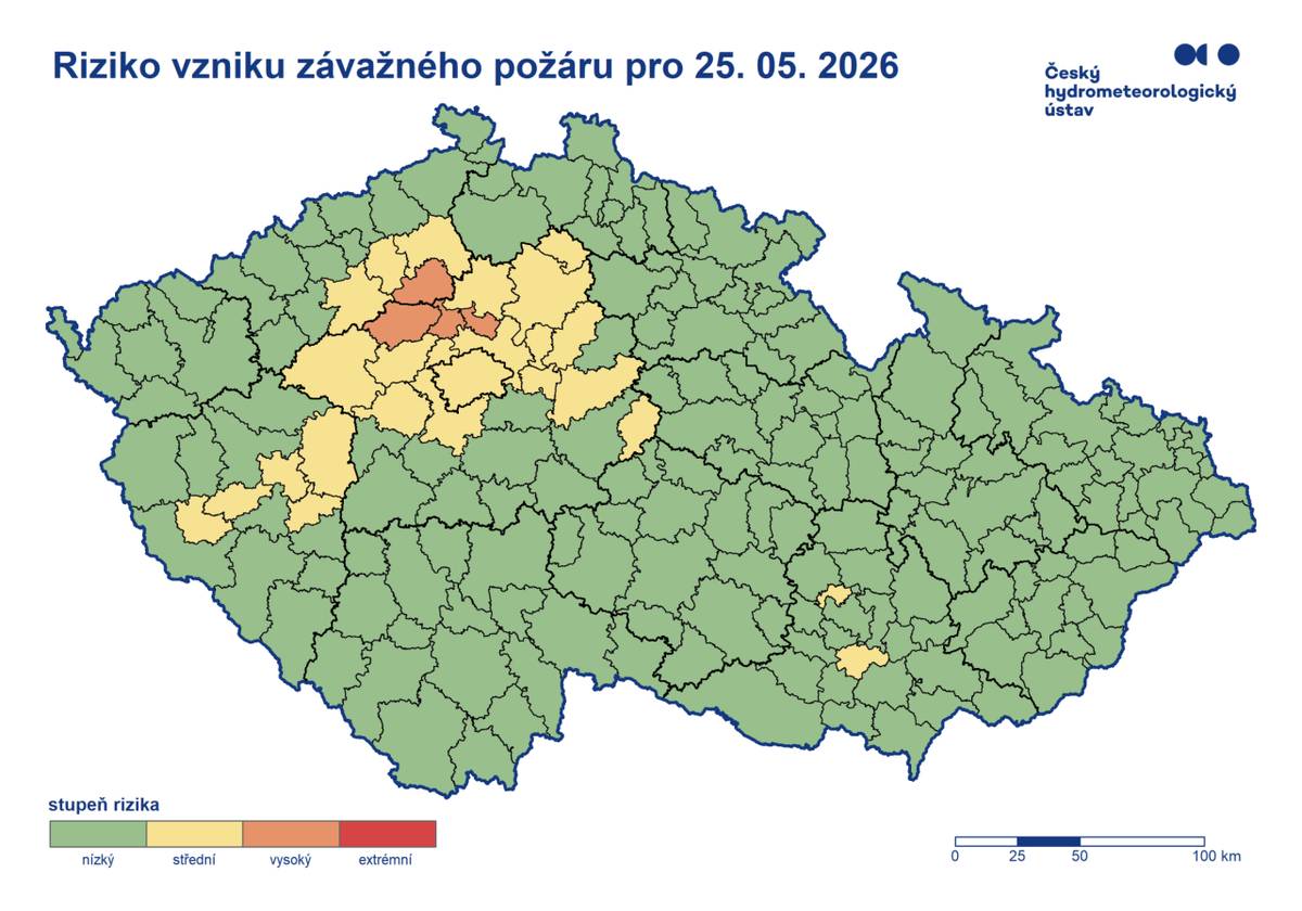 ⚠ Výstraha ČHMÚ před nebezpečím požárů  Vzhledem k déletrvajícímu suchému a teplému počasí hrozí od 24. května ve středních Čechách zvýšené riziko vzniku a šíření požárů, a to až do odvolání.