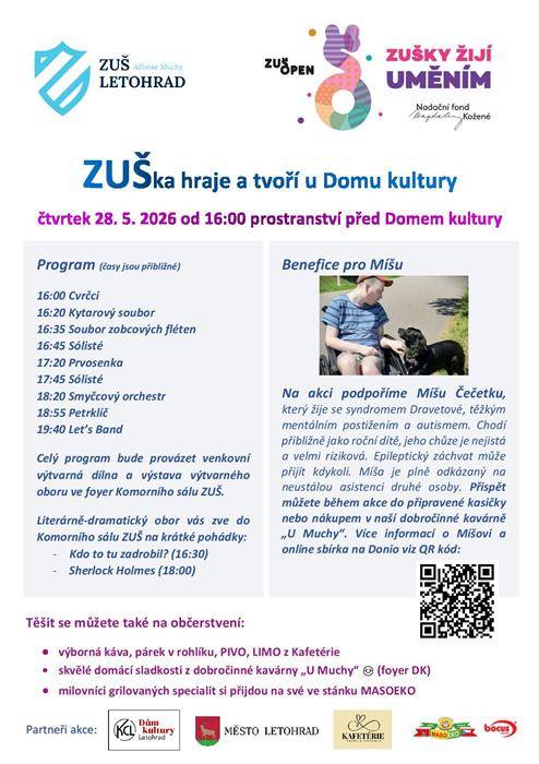 Přijďte si užít příjemné odpoledne plné hudby, tvoření a dobré nálady. Ve čtvrtek 28. května od 16 hodin ožije prostranství před Domem kultury v Letohradě vystoupeními žáků ZUŠ Alfonse Muchy.