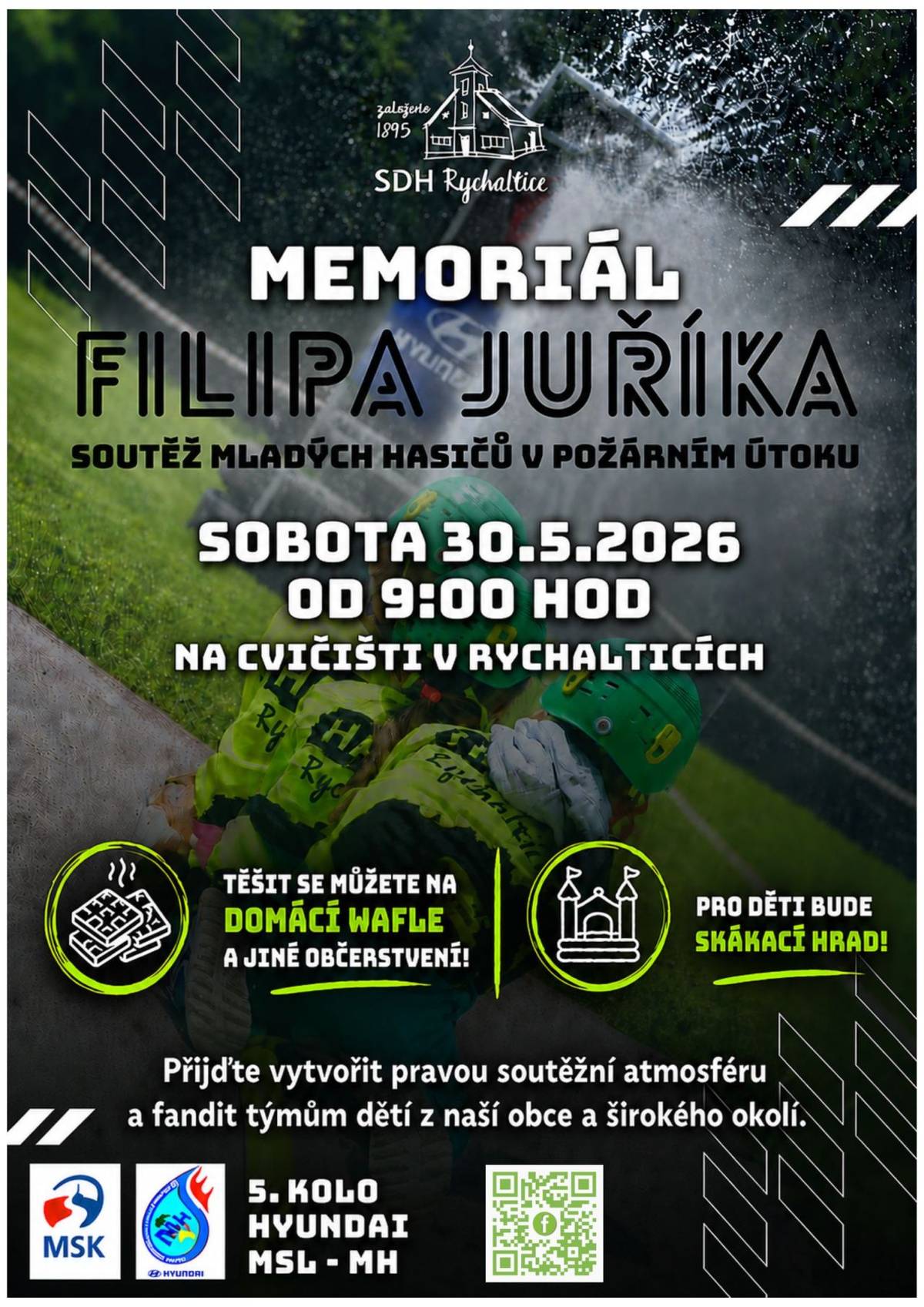 Sbor dobrovolných hasičů Rychaltice vás zve na soutěž mladých hasičů v požárním útoku Memoriál Filipa Juříka v sobotu 30. května 2026 od 9 hodin na cvičišti sboru v Rychalticích.