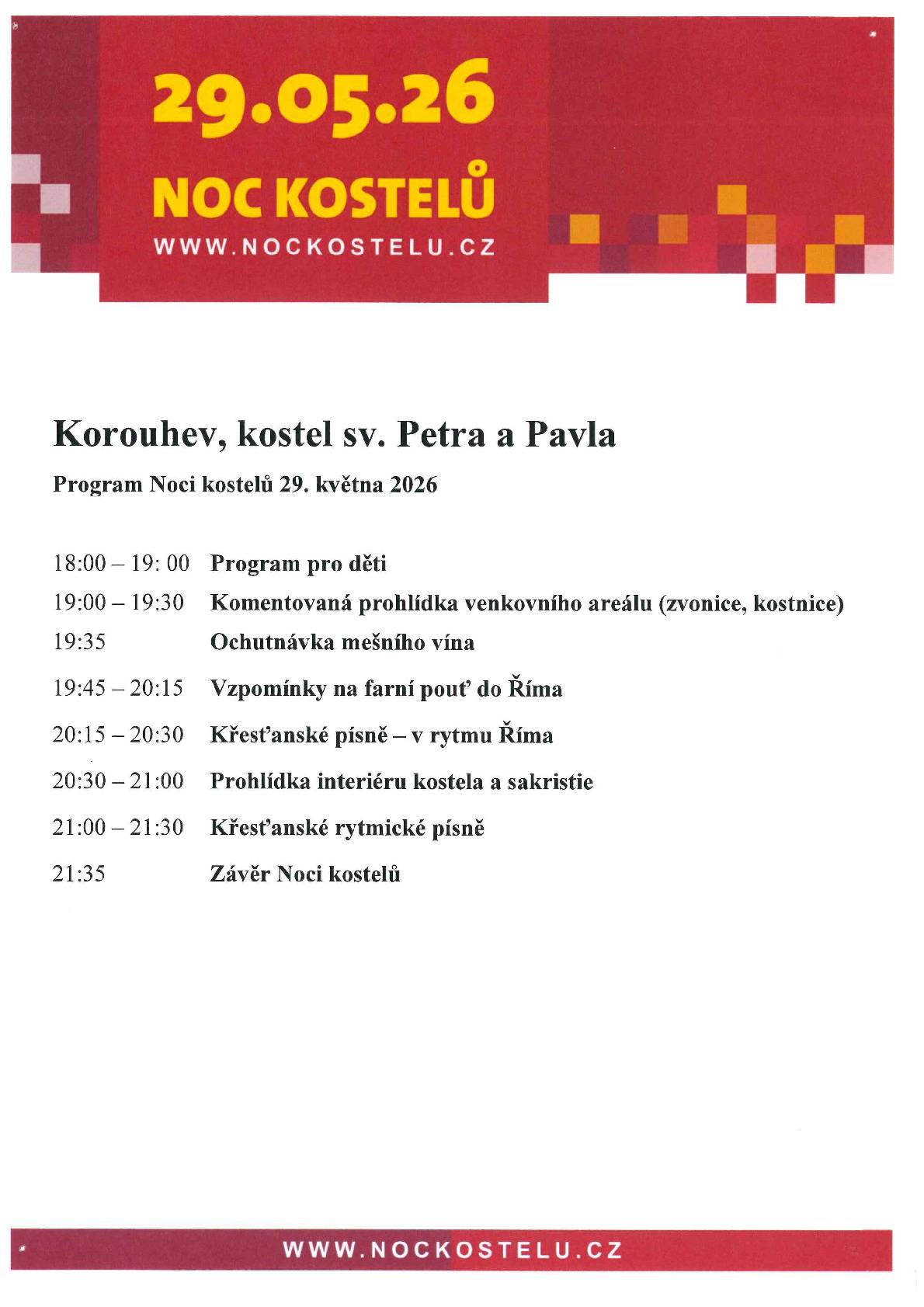 Srdečně vás zveme na letošní ročník celorepublikové akce Noc kostelů, která se uskuteční v pátek 29. května 2026 v Korouhvi v kostele sv. Petra a Pavla.