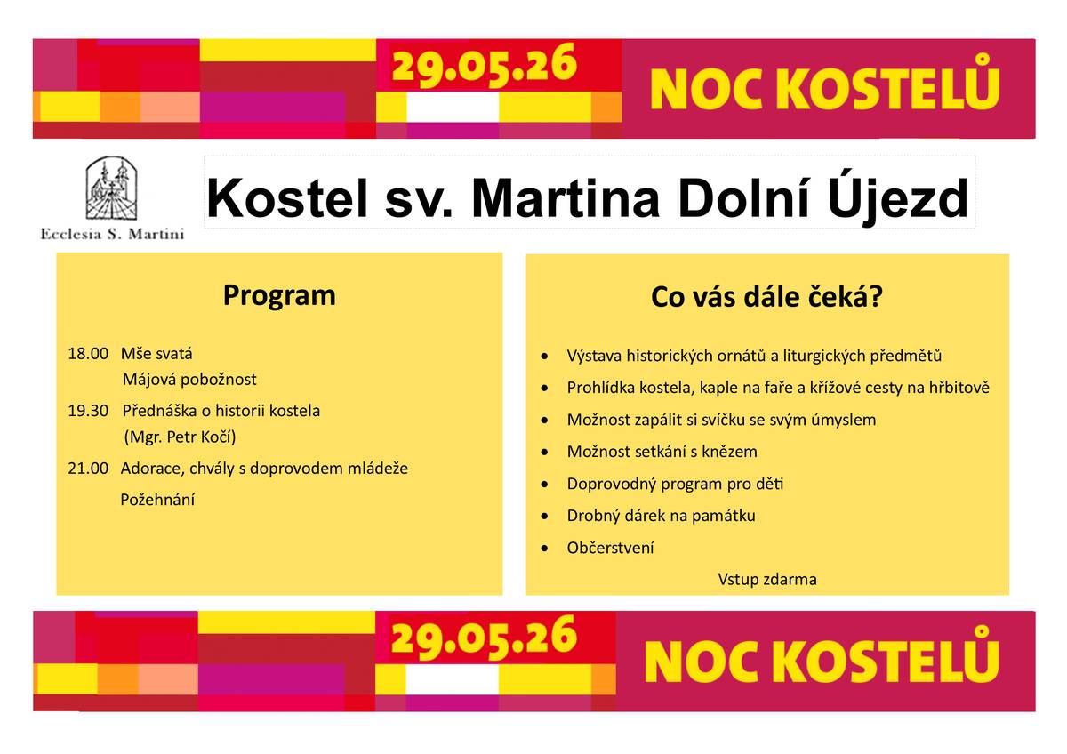 Vážení občané, jste srdečně zváni na Noc kostelů v Dolním Újezdě v pátek 29. května. Akce začne mší svatou v 18:00 a nabídne výstavu historických ornátů a liturgických předmětů. Program dále zahrnuje prohlídku kostela, přednášku o jeho historii a další. Na návštěvníky čeká také možnost zapálit si svíčku, setkat se s knězem. Vstup je zdarma a připraven je bohatý doprovodný program.