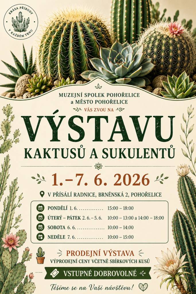 Muzejní spolek Pohořelice a Město Pohořelice vás zvou na Výstavu kaktusů a sukulentů.1.–7. 6. 2026 v přísálí radnice