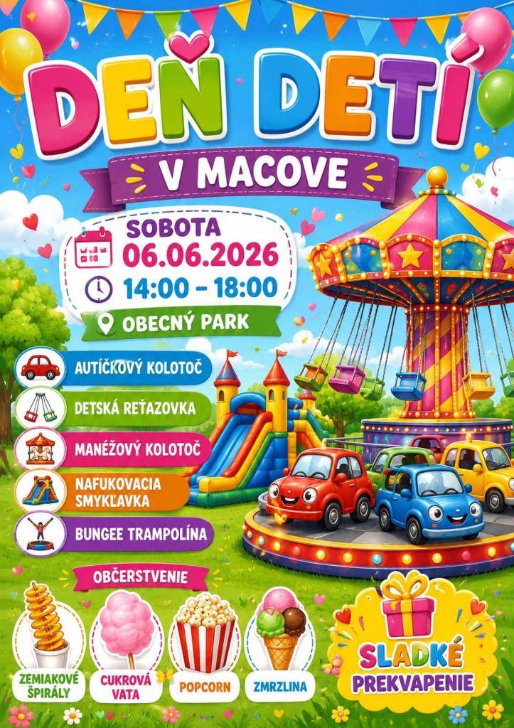 V sobotu, 6.6.2026 v čase od 14:00 - 18:00, Vás pozývame do obecného parku na oslavu MDD s kolotočmi.