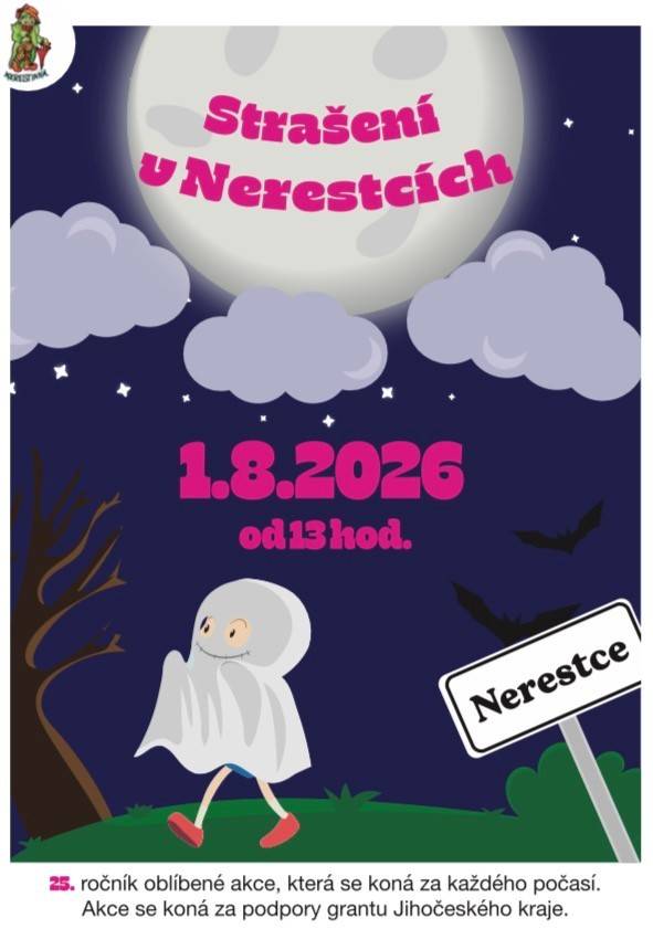 Za přispění grantu Jihočeského kraje a pod záštitou hejtmana Jihočeského kraje p. Mudr. Martina Kuby vás zveme na 25.ročník Strašení v Nerestcích.
