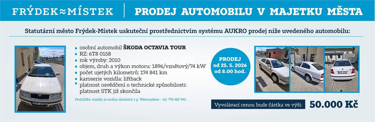 Statutární město Frýdek-Místek pořádá od pondělí 25. května 2026 od 8 hodin on-line prodej automobilu prostřednictvím obchodní platformy AUKRO. Osobní automobil Škoda Octavia Tour | Aukro