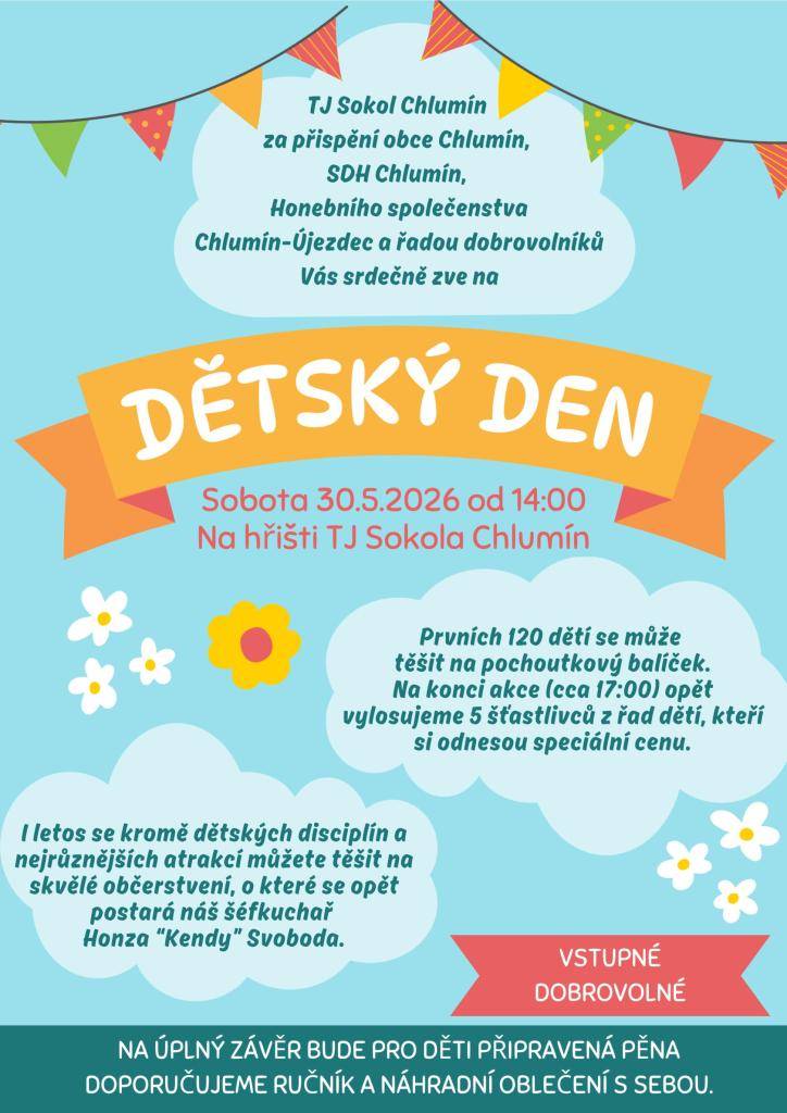 "Dětský den 2026" v sobotu 30.05.2026 od 14:00 hod.  v areálu TJ Sokol Chlumí