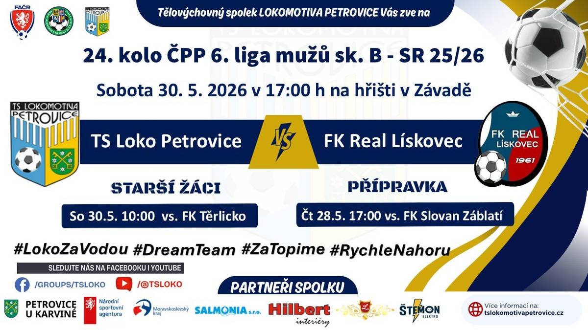 TS Lokomotiva Petrovice zve všechny fanoušky na domácí utkání. Hlavní duel čeká muže už v sobotu 30. května od 17:00 na hřišti v Závadě, kde změří síly s FK Real Lískovec.     Na své si přijdou také starší žáci i přípravka – kompletní program zápasů najdete na plakátu. Přijďte podpořit naše hráče a užít si fotbalovou atmosféru.