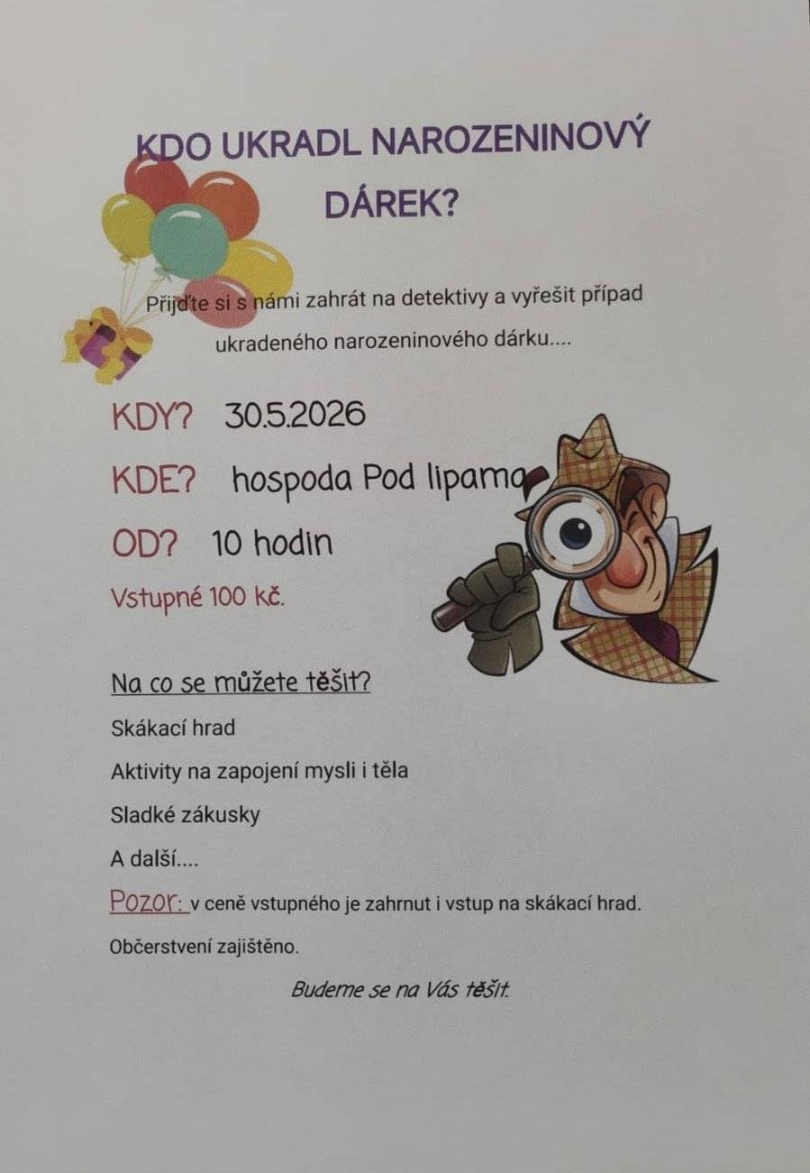 V areálu Pod Lipami se v sobotu 30. 5. 2026 od 10 hodin uskuteční program pro děti.